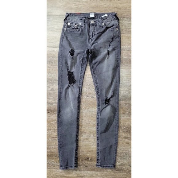 True Religion Women's 26 Stretch Charcoal Curvy Skinny Jeans Factory Distressed - Picture 1 of 9